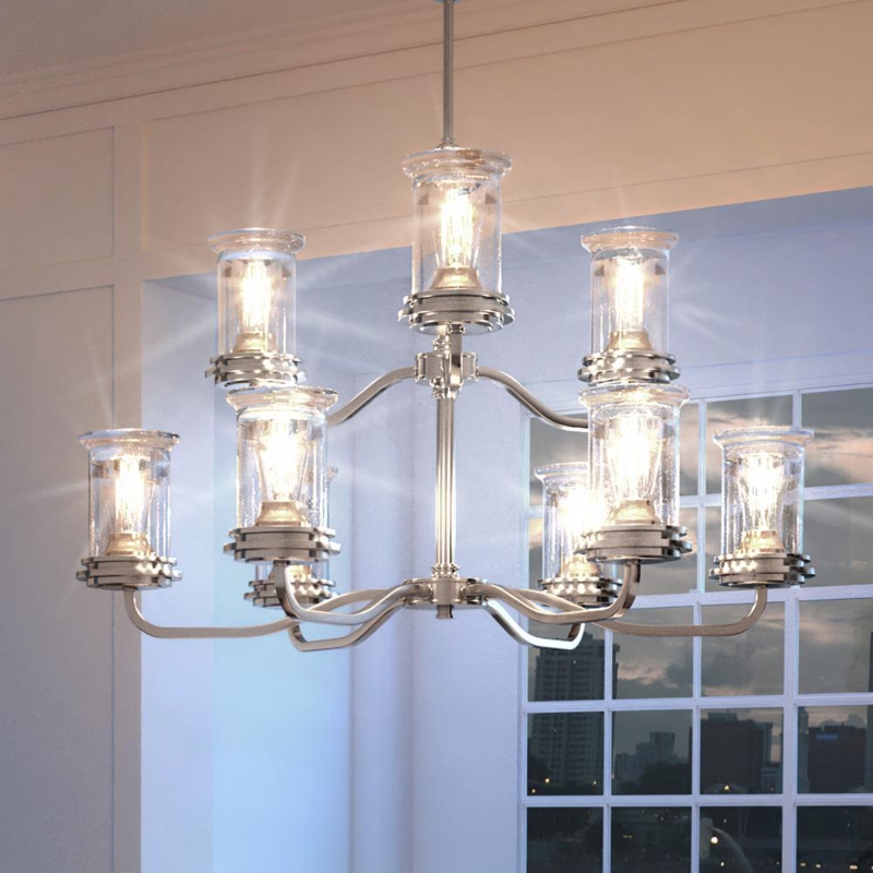 Chandelier French Rustic Seeded Glass Cylinders Brushed Nickel