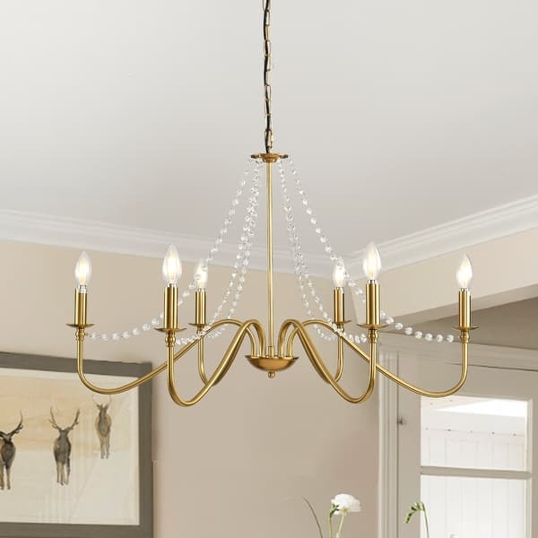 Chandelier Gold Beaded Crystal Swags Curved Arms Brushed Finish