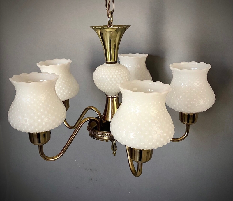 Chandelier Hobnail Texture Glass Ruffled Edges Five Arm Curved