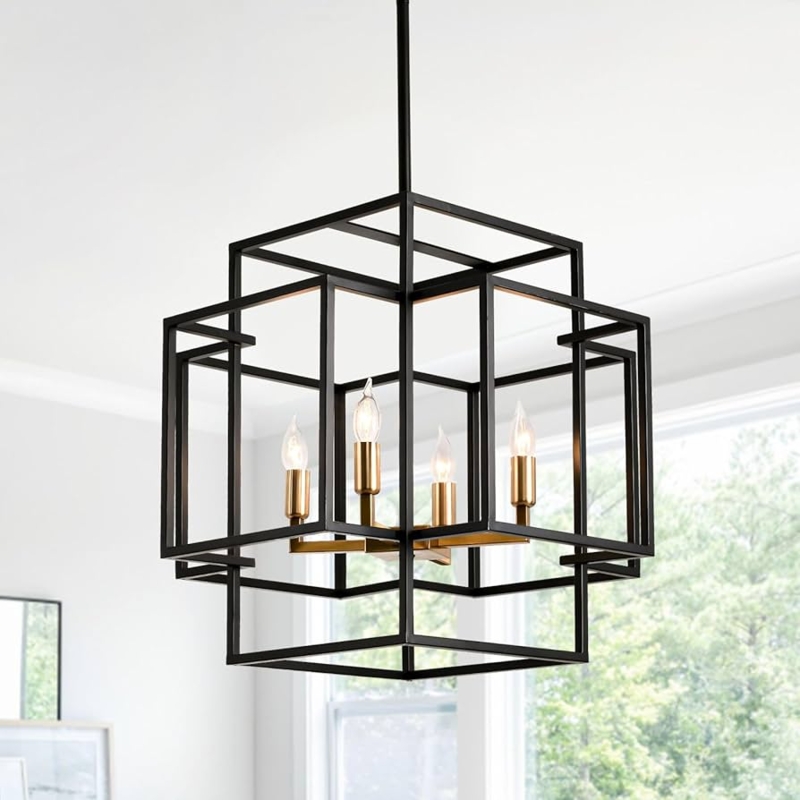Chandelier Interlocking Rectangular Frames Matte Black Gold 4-Light Cage