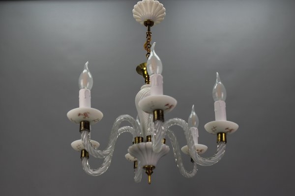 Chandelier Italian Murano Twisted Glass Arms Painted Floral 1950s