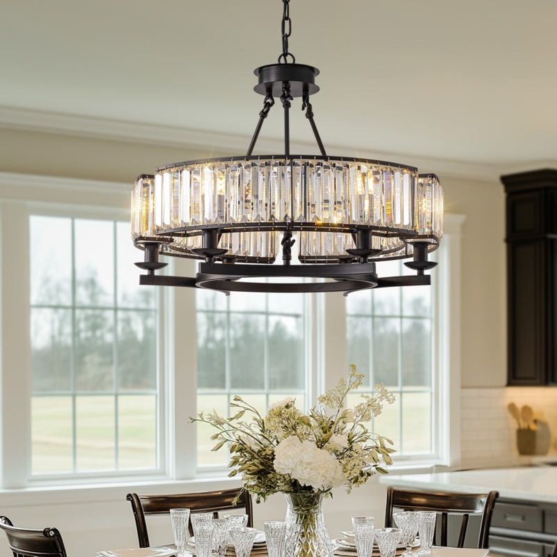Chandelier Matte Black Crystal Vertical Glass Prism Light Farmhouse