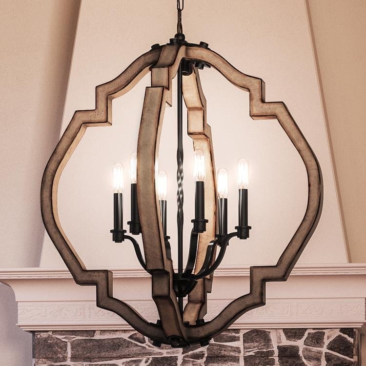Chandelier Olde Iron Quatrefoil Frame Distressed Wood Orb Light