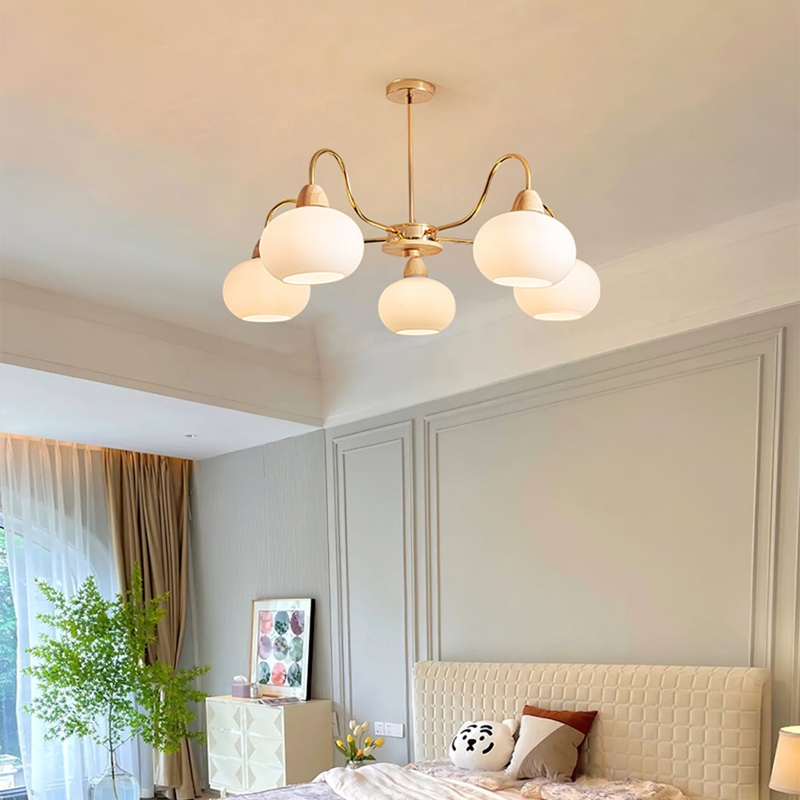 Chandelier Persimmon Frosted Glass Wood Caps Curved Arms Bauhaus Chic