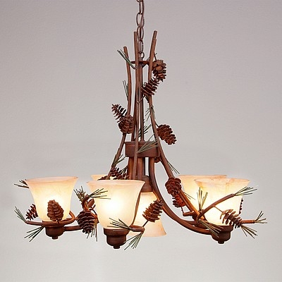 Chandelier Pine Cone Accents Branch Like Arms Rustic Lodge Light