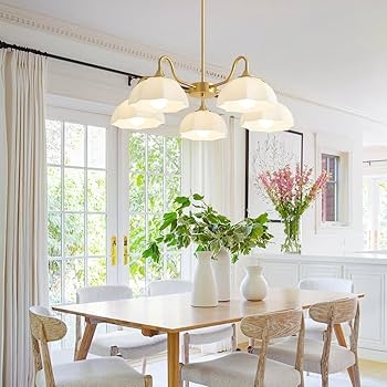 Chandelier Scalloped Shades Five Light Mid Century Dining Fixture