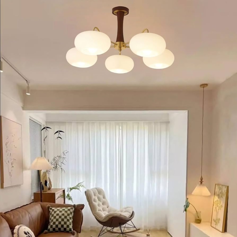 Chandelier Semi Flush Mount Fluted Wood Stem Radial Arms Sputnik