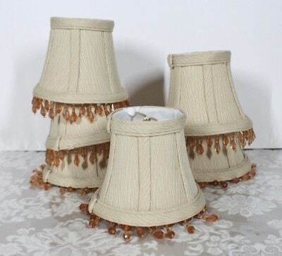 Chandelier Shade Pleated Tan Silk Amber Bead Fringe
