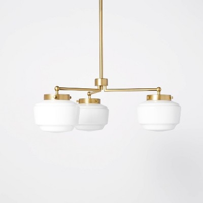Chandelier Tiered Milk Glass Globes Three Arm Schoolhouse Style