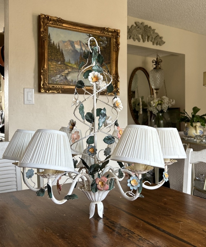 Chandelier Vintage Floral Tole Pleated Fabric Shades Trellis