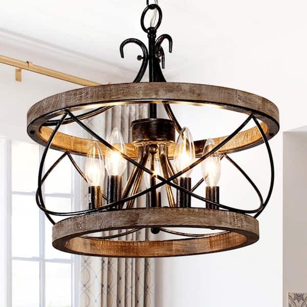Chandelier Weathered Wood Curved Metal Cage Farmhouse Pendant