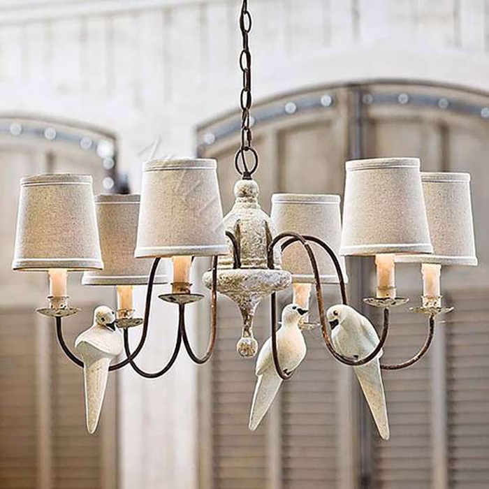 Chandelier Whimsical Bird Carved Accents Tapered Fabric Shades