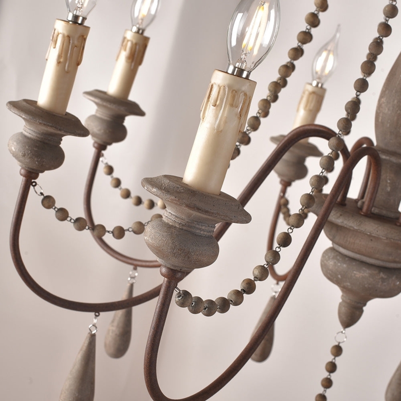 Chandelier Wood Bead Swag Fixture Distressed Gray Faux Wax Drips