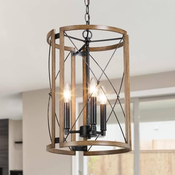Chandelier Wood Toned Frame Black Lattice Cylindrical Cage Farmhouse