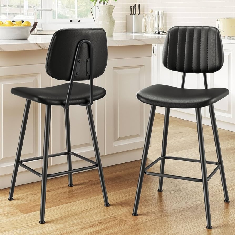 Channel Tufted Bar Stools, Matte Black Metal & Contoured Seat.