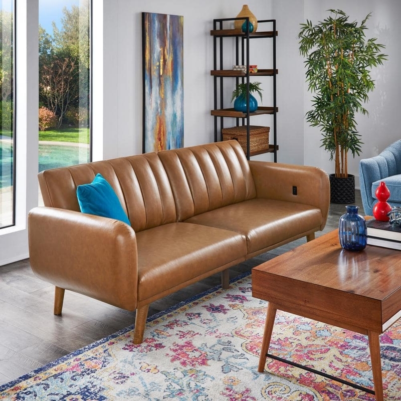 Channel Tufted Futon with Square Arms and USB Charging Port, Leather