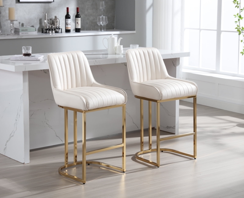 Channel Tufted Kitchen Stools Cream Faux Leather Gold Sled Base.