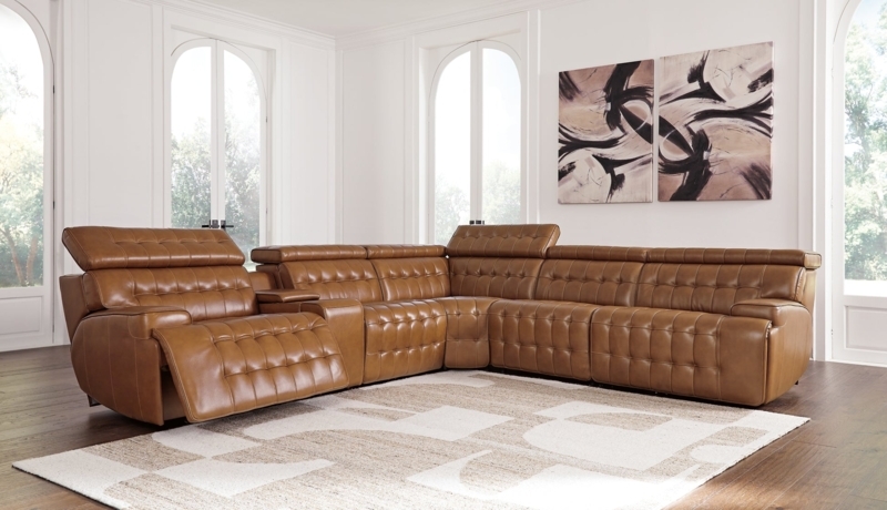 Channel Tufted Reclining Sofa Camel Leather-Like Modular Console