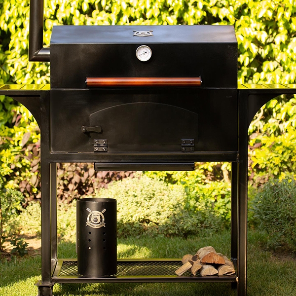 Charcoal BBQ Grill featuring Angled Hood and Chimney Exhaust