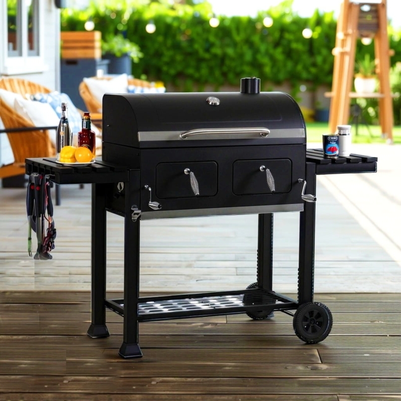 Charcoal Bbq Grill Matte Black Metal with Dual Lifting Trays