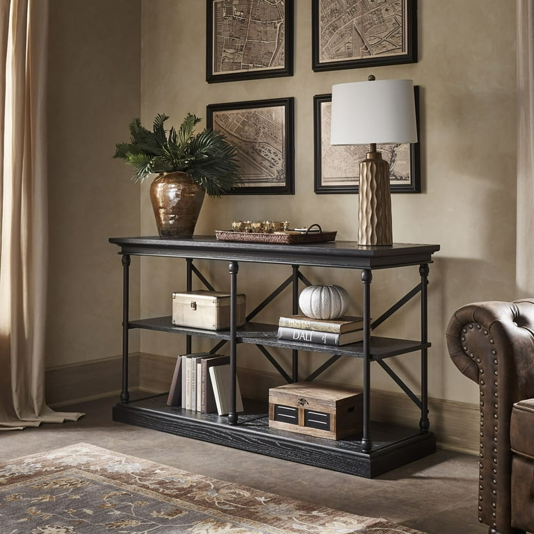 Charcoal Black Console Table with X-Brace Back and Three Tiers