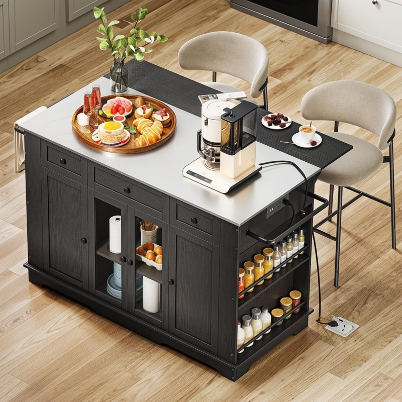 Charcoal Black Kitchen Island Glass Cabinets Drop Leaf Power