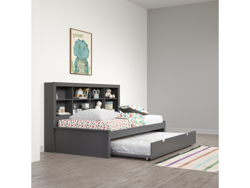 Charcoal Gray Daybed with Bookcase Headboard, Cubbies & Trundle