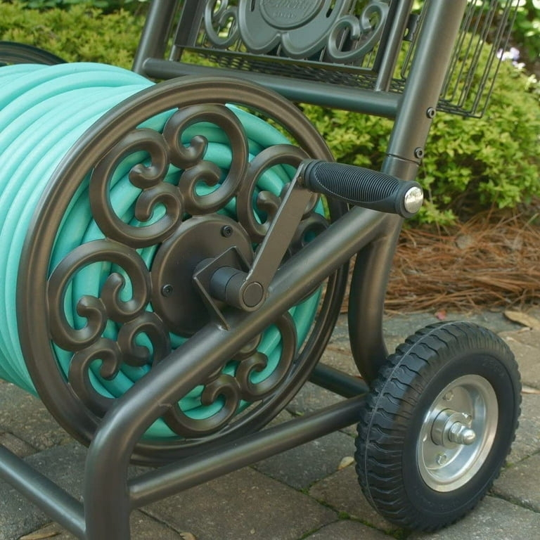 Charcoal Gray Hose Reel Cart: Pneumatic Wheels and Storage Basket