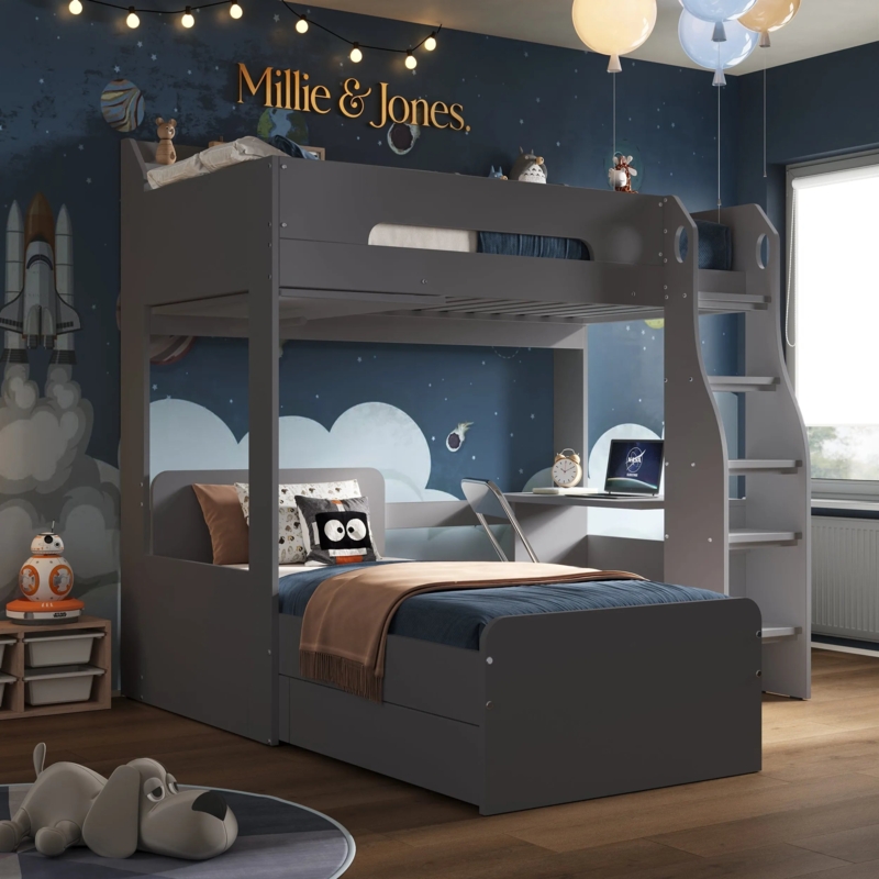 Charcoal Gray L-Shaped Bunk Bed with Integrated Workspace and Panels