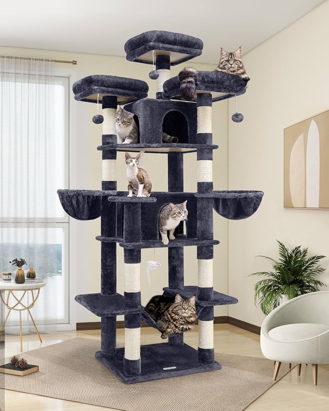 Charcoal Grey Cat Tree Hanging Hammocks Plush Multi Level Integrated Condos