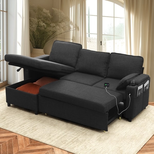 Charcoal Grey Sectional Sleeper, Storage Chaise and Charging Port