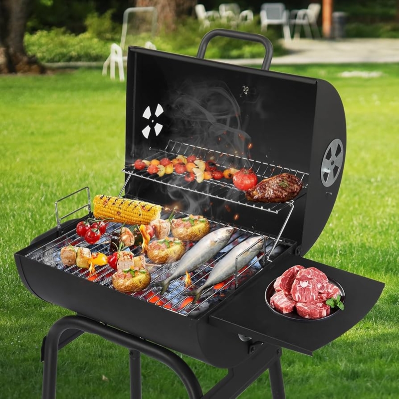 Charcoal Grill Barrel Design, Two Tier Grates, Matte Black Finish