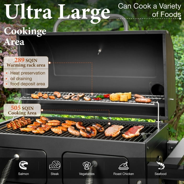 Charcoal Grill Dual Tier Cooking Surface with Integrated Warming Rack