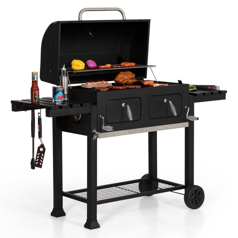 Charcoal Grill featuring Spiral Cool Touch Handles and Foldable Tables