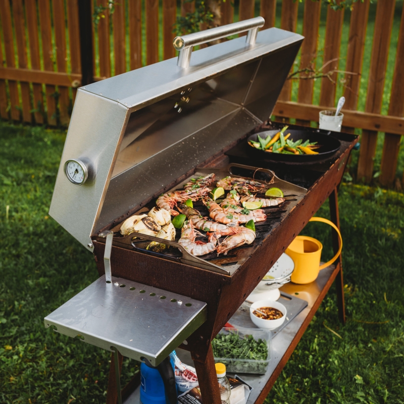 Charcoal Grill Weathered Steel Base with Stainless Hood and Griddle