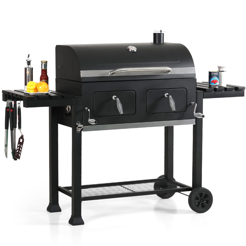 Charcoal Grill with Adjustable Heat Cranks and Foldable Slatted Wings