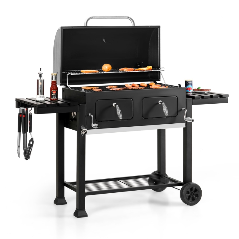 Charcoal Grill with Dual Lifting Trays and Foldable Slatted Tables