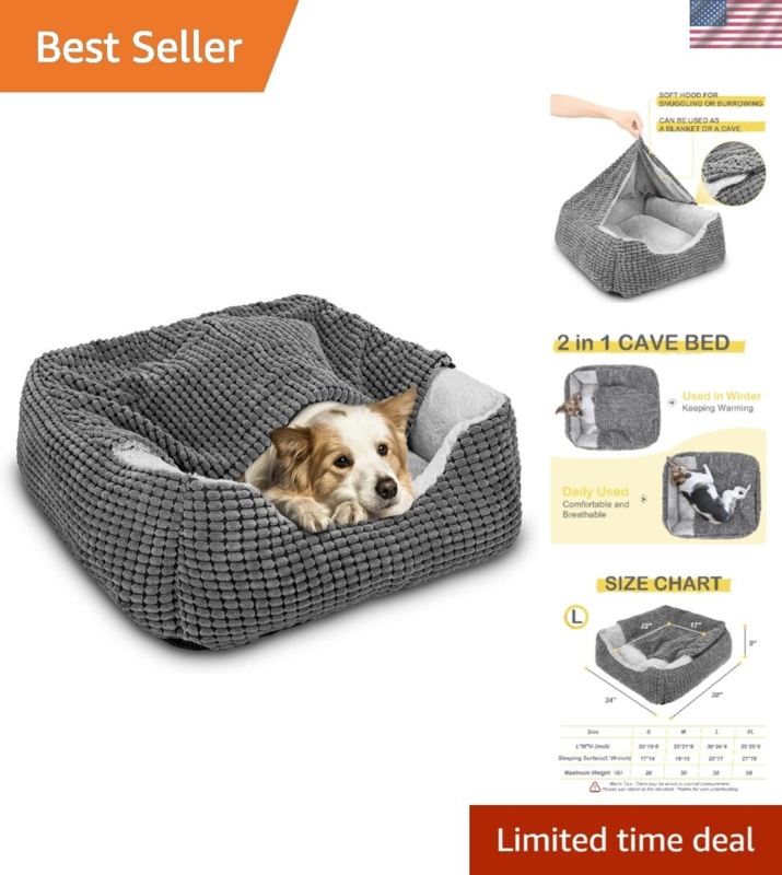 Charcoal Hooded Pet Bed Nubby Texture 2-in-1 Cave Blanket