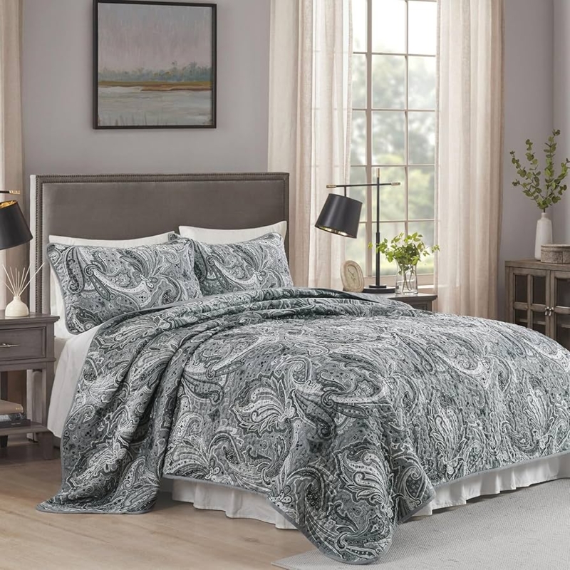 Charcoal Paisley Quilt Set: Boho Vintage Style with Nailhead Trim Detail