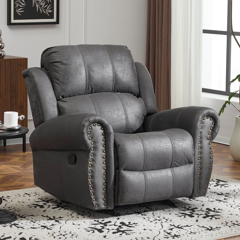 Charcoal Upholstered Glider Recliner with Antique Brass Nailhead Trim
