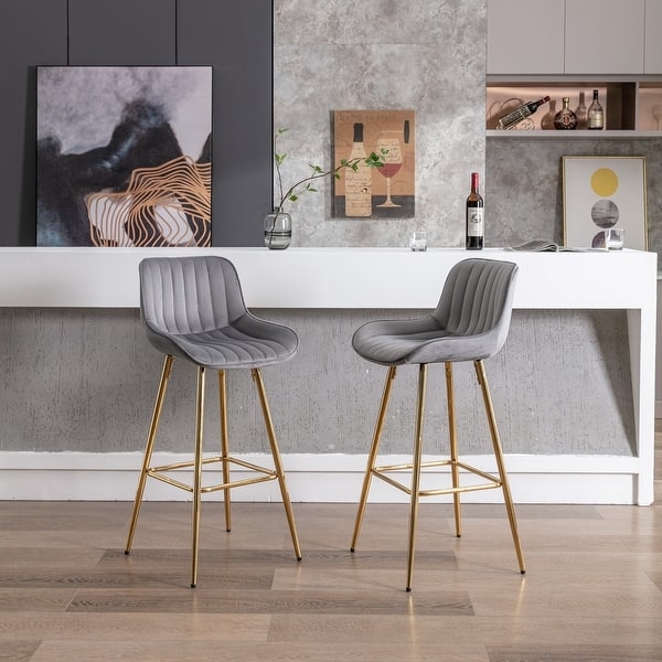 Charcoal Velvet Bar Stools Vertical Channeling Gold Tapered Legs.