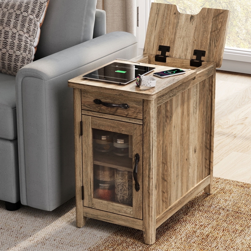 Charging End Table with Flip Top Lid and Glass Cabinet