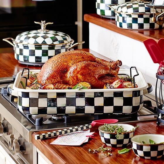 Checkered Enamel Roasting Pan with Bird Finial Whimsical Chic