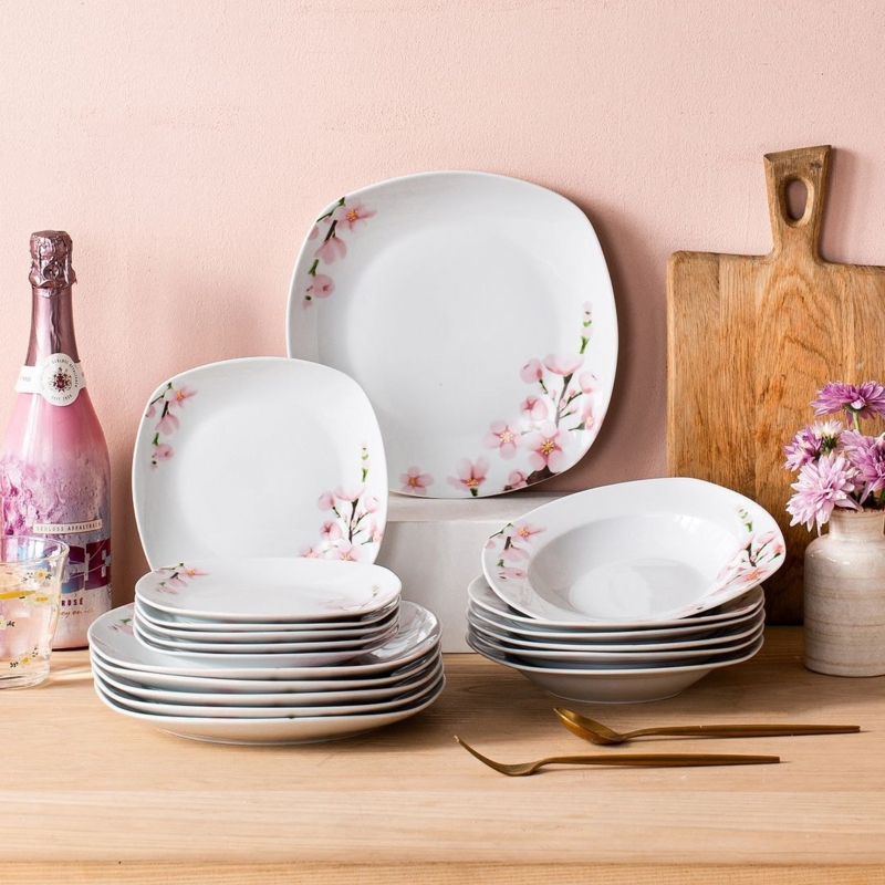 Cherry Blossom Dinnerware Set with Square Rounded Porcelain Plates