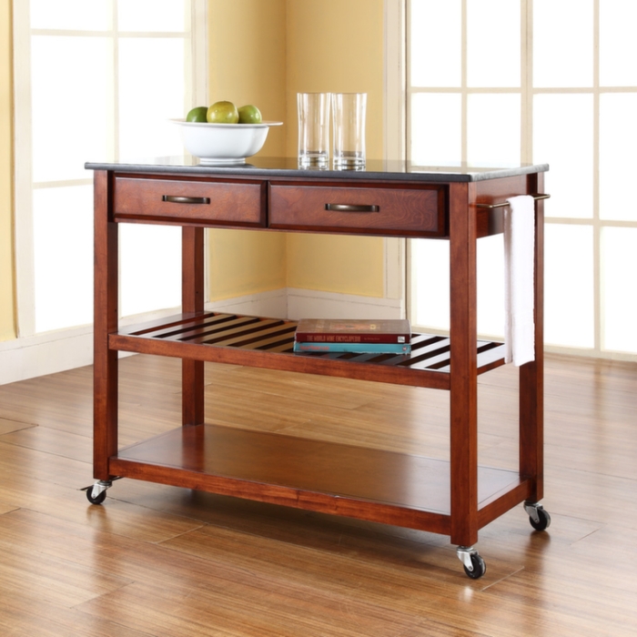 Cherry Wood Kitchen Cart with Granite Top and Slatted Bottom Shelf