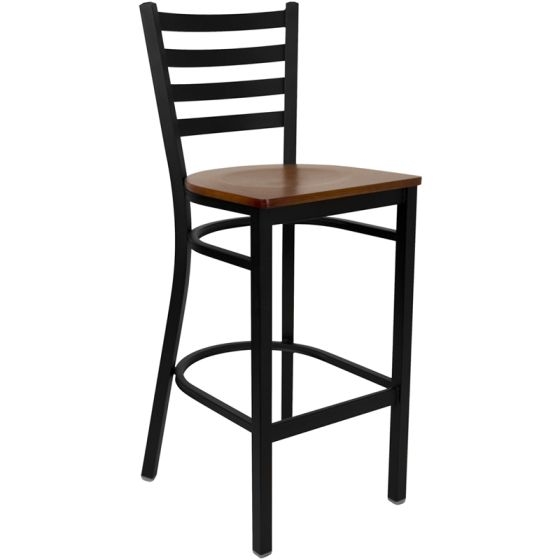 Cherry Wood Seat Stool, Ladder Back & Matte Black Metal Frame.