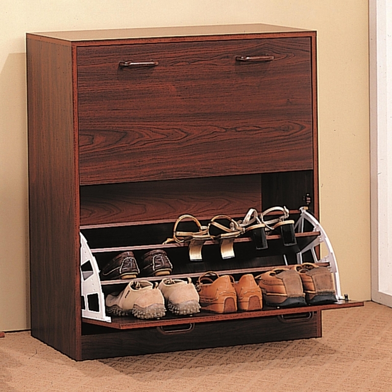 Cherry Wood Slim Shoe Rack with Tilt-Out Drawers Traditional Style