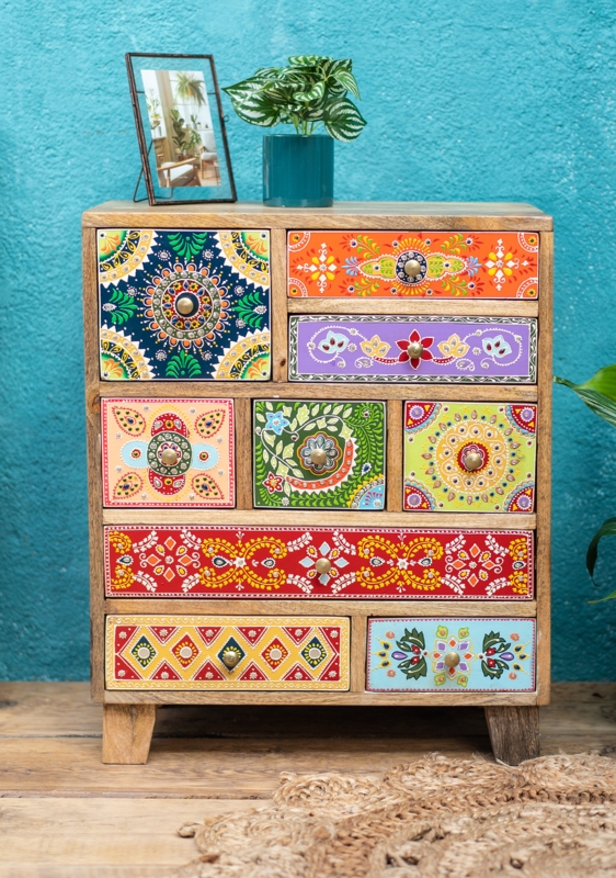 Chest Of Drawers Bohemian Nine Drawer with Vibrant Mandala Motifs