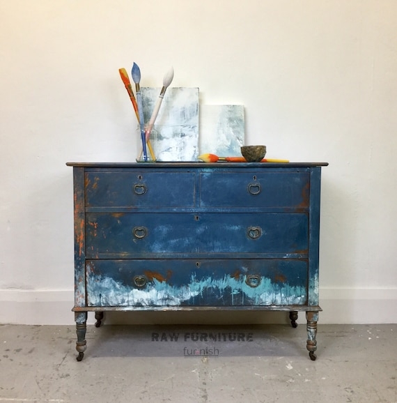 Chest Of Drawers Distressed Navy with Abstract Art and Caster Wheels