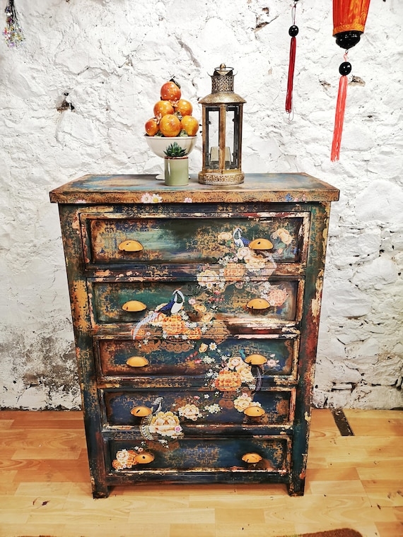 Chest of Drawers: Distressed Teal Green Chinoiserie with Half Moon Pulls